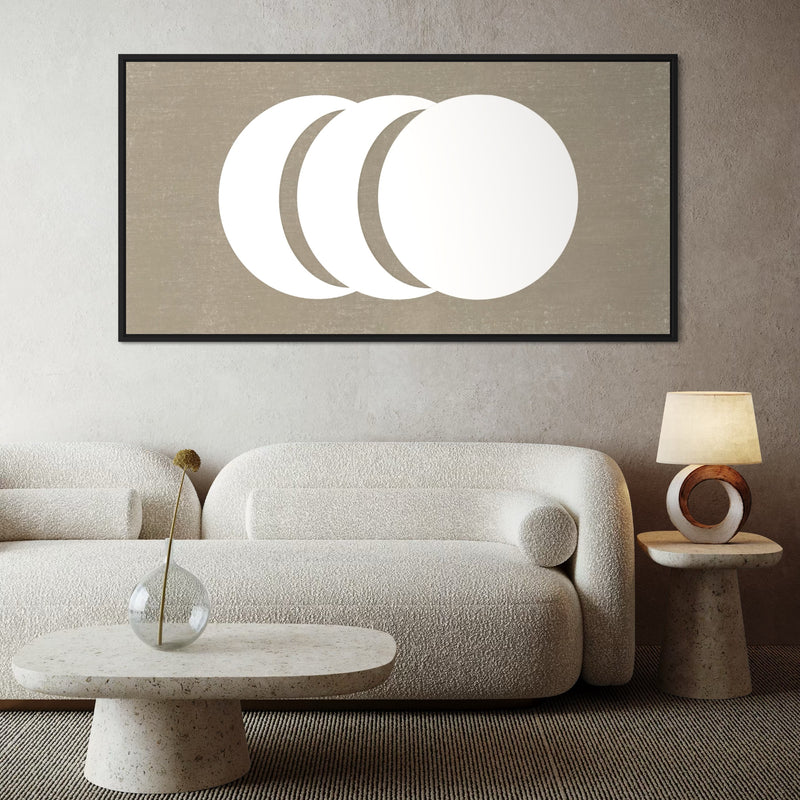 Minimalist Interior Decor – Neutral Framed Canvas Abstract Wall Art with Cream Sofa, Scandinavian Side Table, and Modern Accents