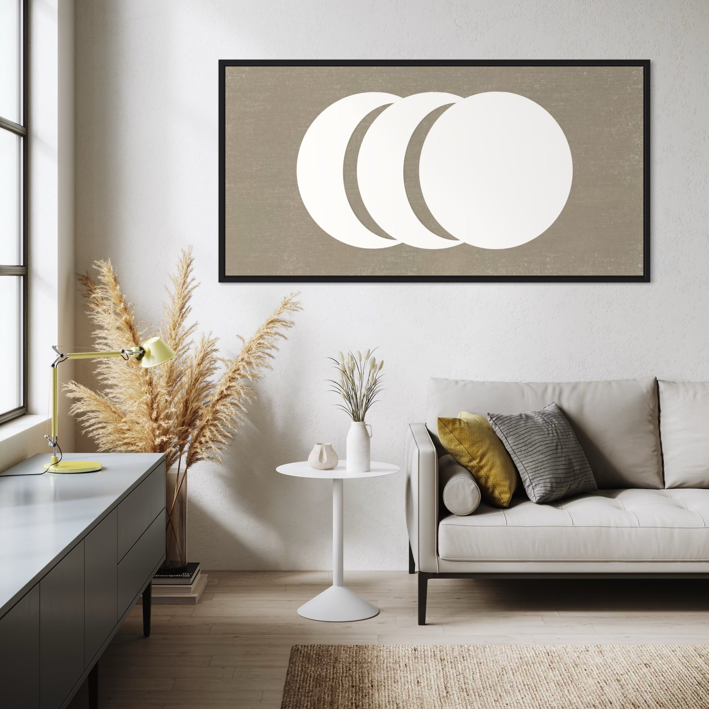 Elegant Framed Canvas Wall Decor - Living Room Styling with Cream sofa, Decorative Pillows, and Boho Pampas Grass