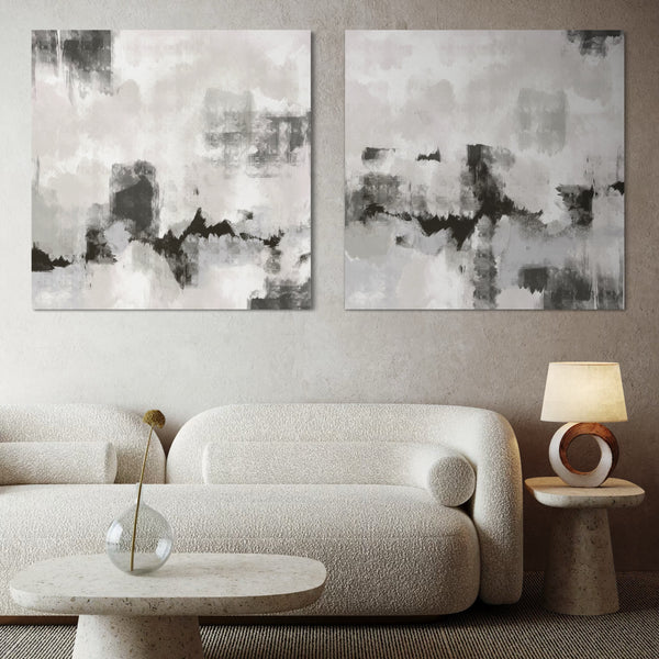 Minimalist Abstract Canvas Wall Art in Cozy Living Room - Styled With Elegant Cream Boucle Sofa, Stone Round Table and Modern Circular Lamp 