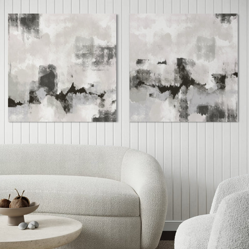 Minimalist Abstract Wall Art in Cozy Living Room - Styled With Elegant Cream Boucle Sofa, Stone Round Table and White Background
