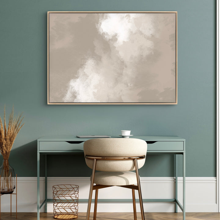 Brass-Framed Taupe Abstract Above A Sage Writing Desk — Calm, Airy Home Office.