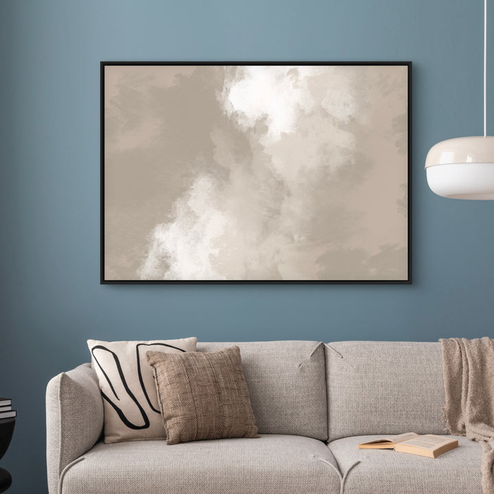Black-Framed Taupe Cloud Abstract Above A Soft Gray Sofa Against A Dusty Teal Wall, With Sculptural Pendant, Textured Pillows, And A Cozy Throw-Calm Contemporary Living Room.