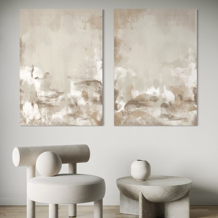 Modern Abstract Canvas Set Styled With a Sculptural Cream Chair And Curved Stone Table, Perfect modern Minimalist Nook.
