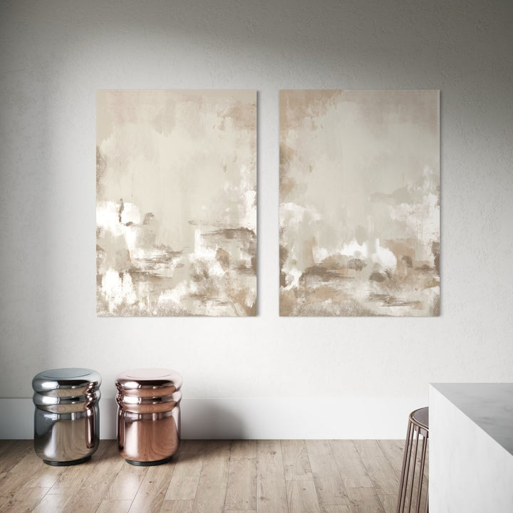 Cozy Abstract Canvas Set Styled With Chrome And Rose-Gold Stools And a White Marble Counter, Calm, Minimalist Art For a Modern Dining Nook.