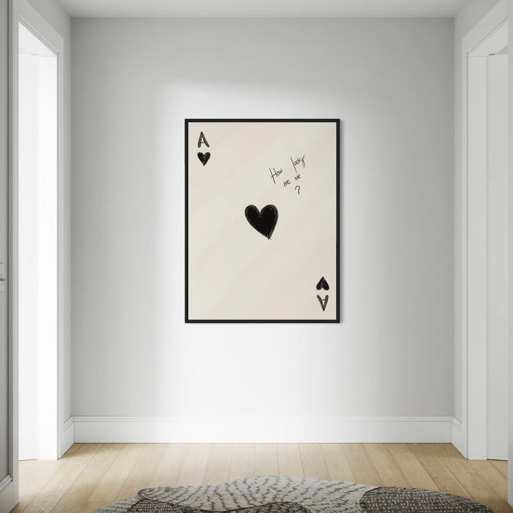 Unique Ace of Hearts playing card Wall Art Framed Decor in Hallway with White Background and Light Wood Flooring