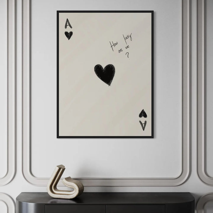 Unique Ace of Hearts playing card Wall Art Framed Decor in Hallway with White Background, Black Console Table and Decor