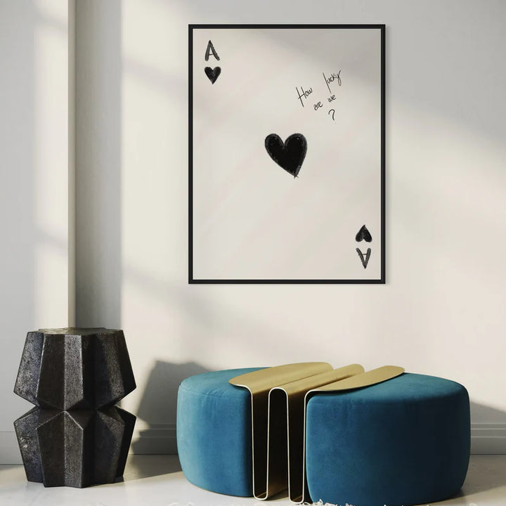 Unique Ace of Hearts playing card Wall Art Framed design with White Background, Stylish Stone Stool and Removable Sofa 