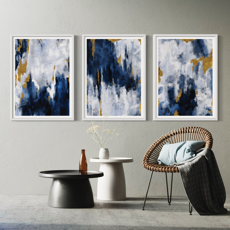 Abstract Art set of 3 prints - Navy Blue & Gold