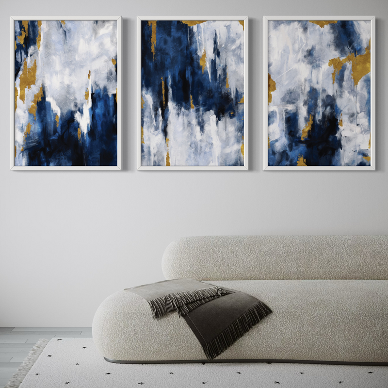 Abstract Art set of 3 prints - Navy Blue & Gold