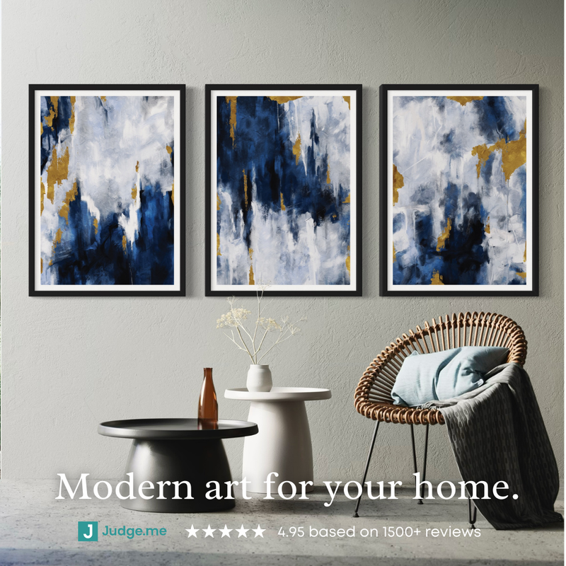 Abstract Art set of 3 prints - Navy Blue & Gold