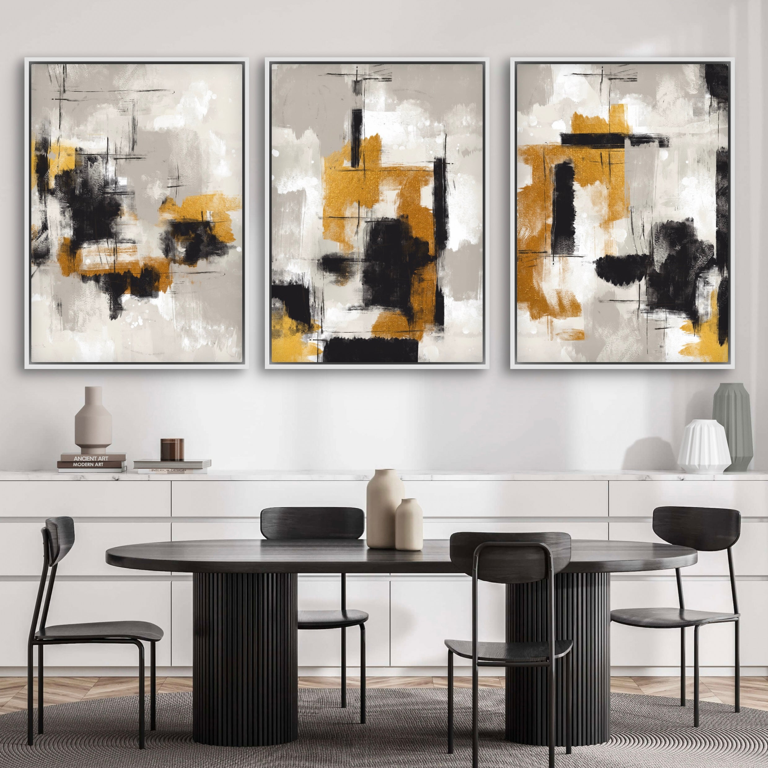 Elegant Abstract Art Framed Canvas Styled with a Black Pedestal Dining Table, Black Dining Chairs, a White Sideboard, Neutral Ceramic Vases, and a Pleated Accent Lamp. Perfect for a Minimalist Dining Room.