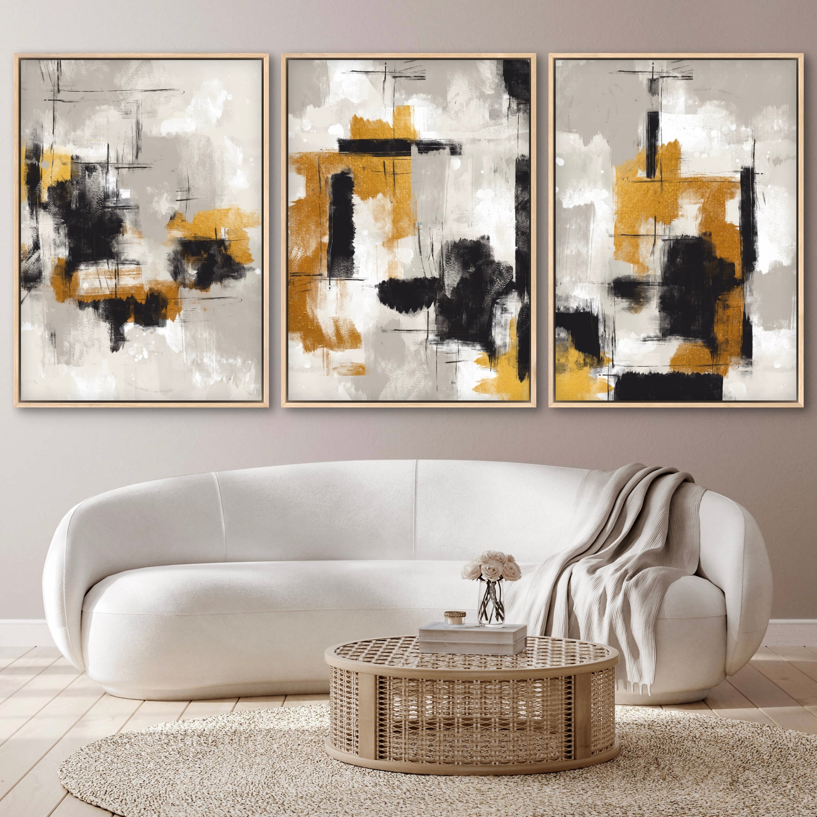 Elegant Abstract Art Framed Canvas Styled with an Ivory Curved Sofa, Round Rattan Coffee Table, and Neutral Decorative Accents. Perfect for a Minimalist Living Room.