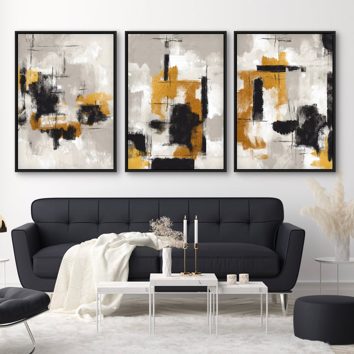 Elegant Abstract Art Framed Canvas Styled with a Black Tufted sofa, White Marble Nesting Coffee Tables, and Decorative Accent. Perfect for a Minimalist Living Room 