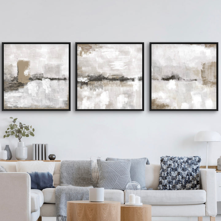 Modern Abstract Art Framed Canvas Styled with a White Sectional Sofa, Round Wood Side Tables, Blue-Grey Textured Pillows, and a Minimal White Table Lamp. Perfect for a Minimalist Living Room.