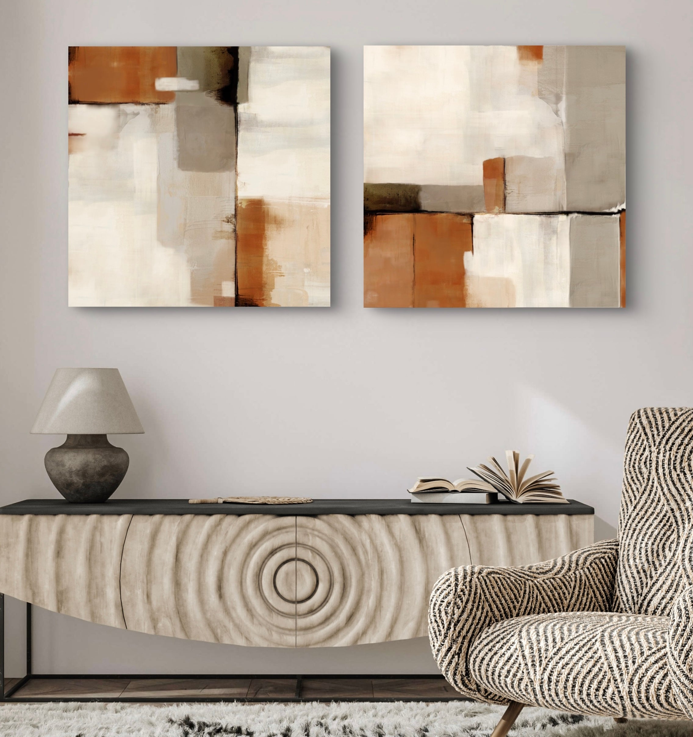 Abstract Art Canvas Styled With A Textured Wood Console, Stone Table Lamp, And Patterned Accent Chair. Perfect For A Minimalist Entryway Or Living Room.