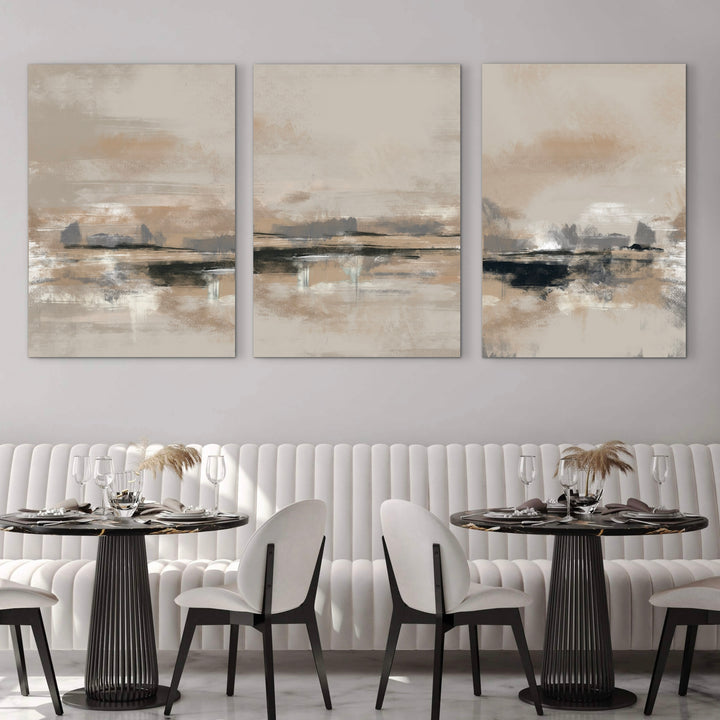 Modern Abstract Art Triptych Styled with a White Fluted Banquette, Black Round Pedestal Dining Tables, and White Dining Chairs. Perfect for a Minimalist Dining Room.