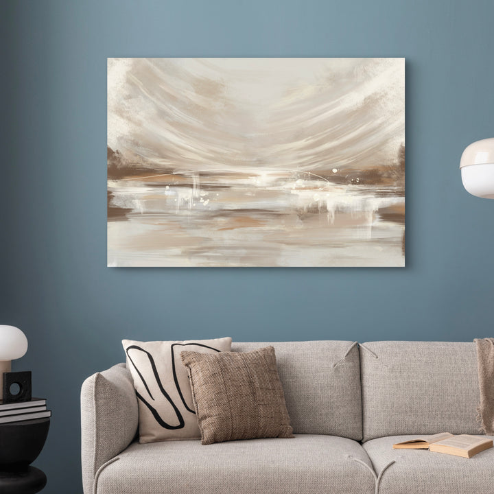 Modern Abstract Art Canvas Styled with a Grey Textured Sofa, Blue-Grey Wall, Black Side Table with Stacked Books and White Lamp, and Neutral Throw Pillows. Perfect for a Minimalist Living Room.