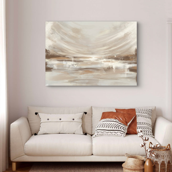 Modern Abstract Art Canvas Styled with a Cream Sofa, Patterned Black-and-White and Tan Leather Pillows, and Terracotta Vases with Cotton Stems. Perfect for a Minimalist Living Room.