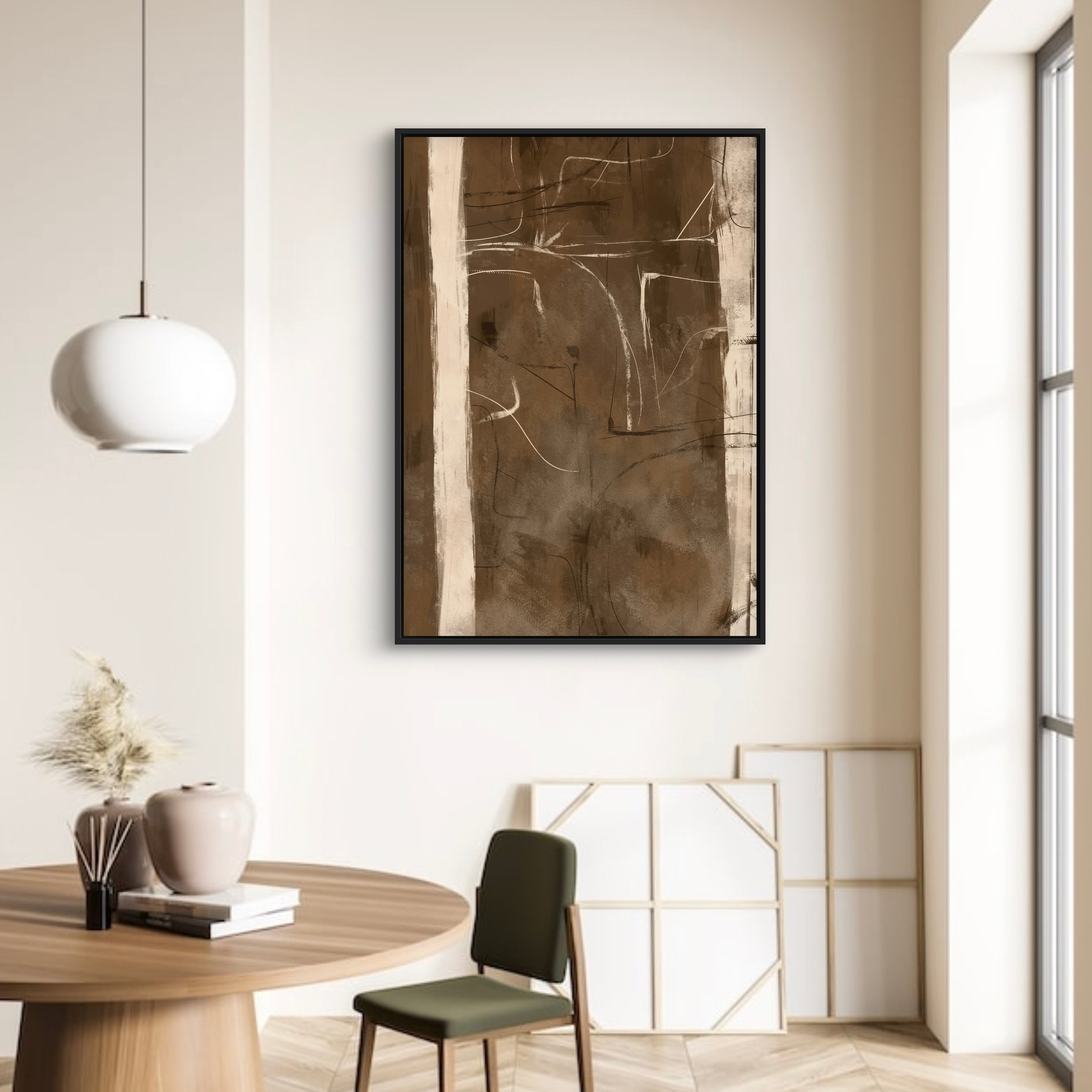 Modern Abstract Art Framed Canvas Styled with a Round Wood Pedestal Dining Table, White Globe Pendant Light, Olive Green Chair, and a Decorative Accent. Perfect for a Minimalist Dining Room.