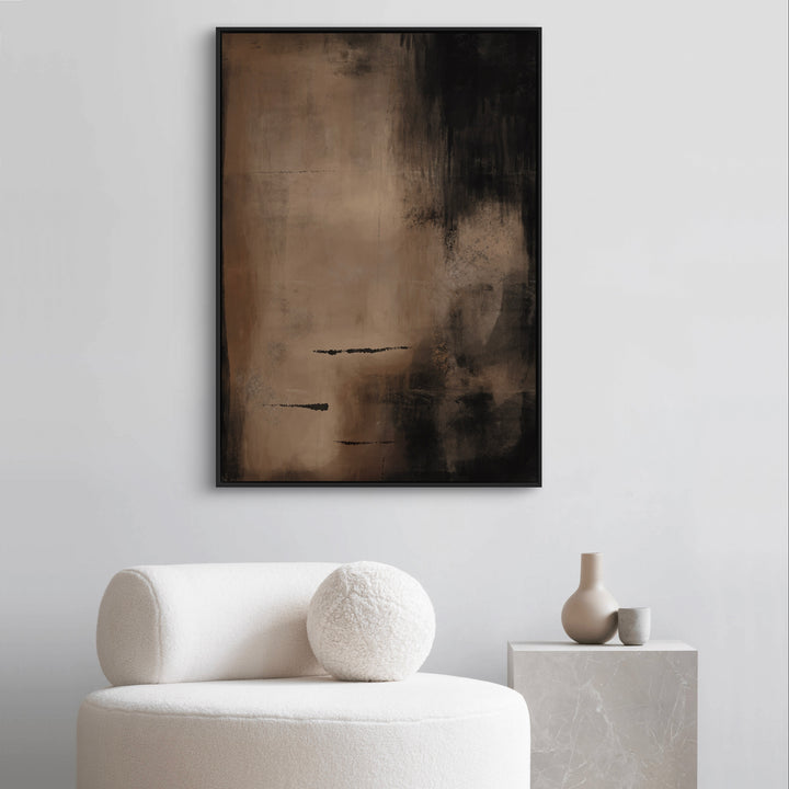 Abstract Framed Canvas Minimalist Art Styled with Cream Bouclé Lounge Chair with Round Pillow, Gray Marble Cube Side Table, and Decorative Accent. Perfect for Contemporary Reading Nook.