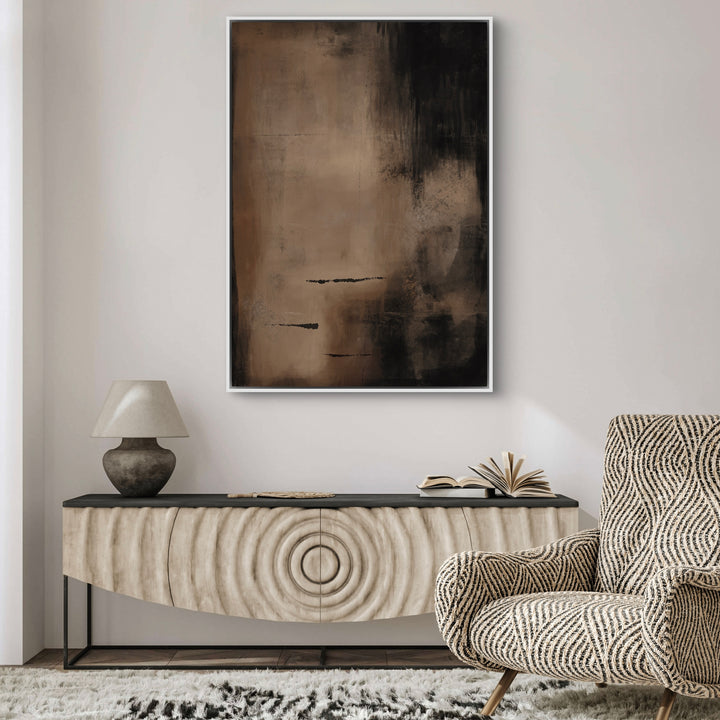 Abstract Framed Canvas Minimalist Art Styled with Sculpted Ripple-Front Console, Stone Table Lamp, Open Books, and a Patterned Accent Chair. Perfect for Contemporary Entryway or Living Room.