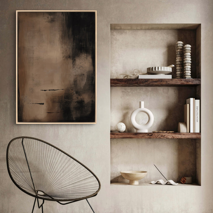 Abstract Framed Canvas Minimalist Styled with Built-In Wood Shelves, With Decorative Accent, and a Black Wire Accent Chair. Perfect for Contemporary Living Room or Reading Nook.