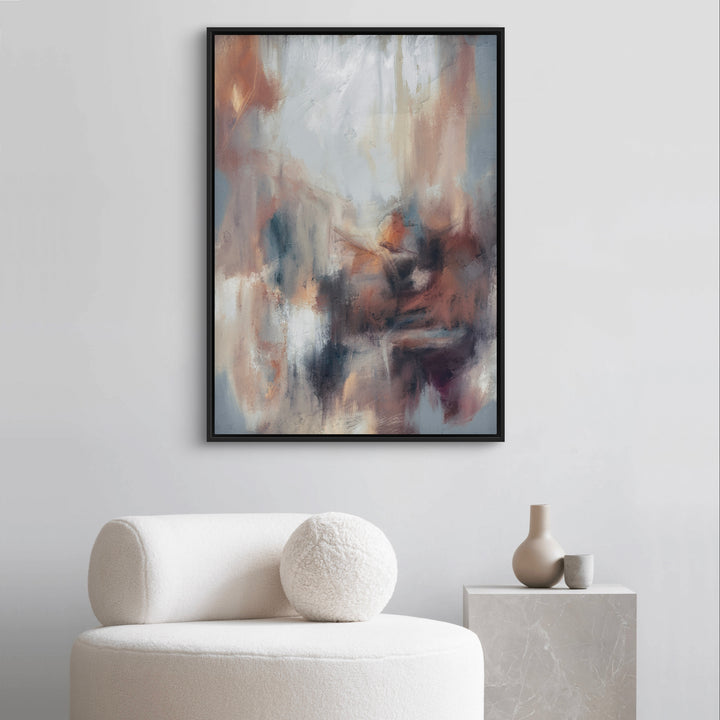 Modern Abstract Art Framed Canvas Styled with a Cream Bouclé Lounge Chair, Grey Stone Pedestal Side Table, and Neutral Ceramic Vases. Perfect for a Minimalist Living Room.