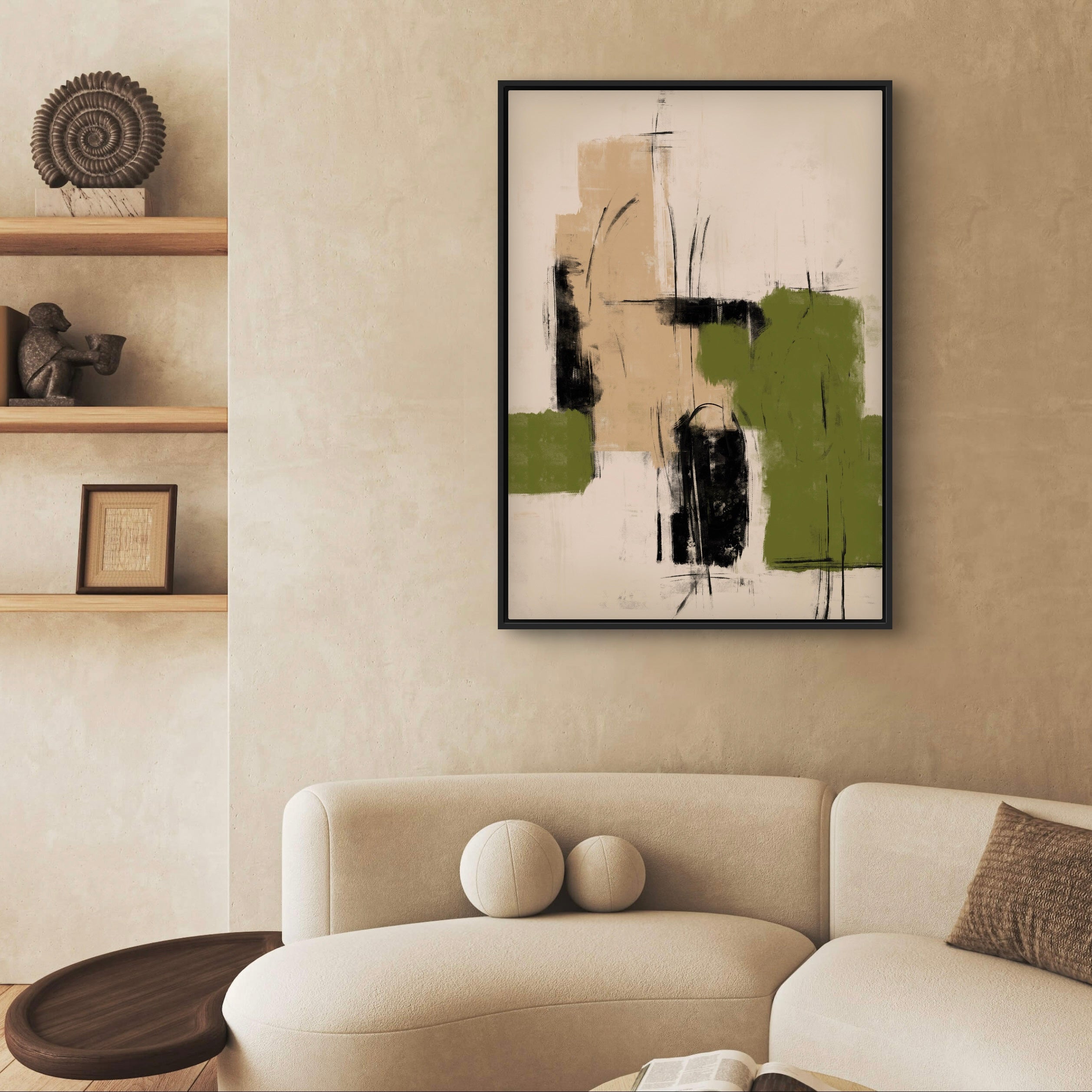 Modern Abstract Art Framed Canvas Styled with a Curved Cream Sofa, Built-In Wood Shelves, and a Round Wood Side and Textured Neutral Wall. Perfect for a Minimalist Living Room.