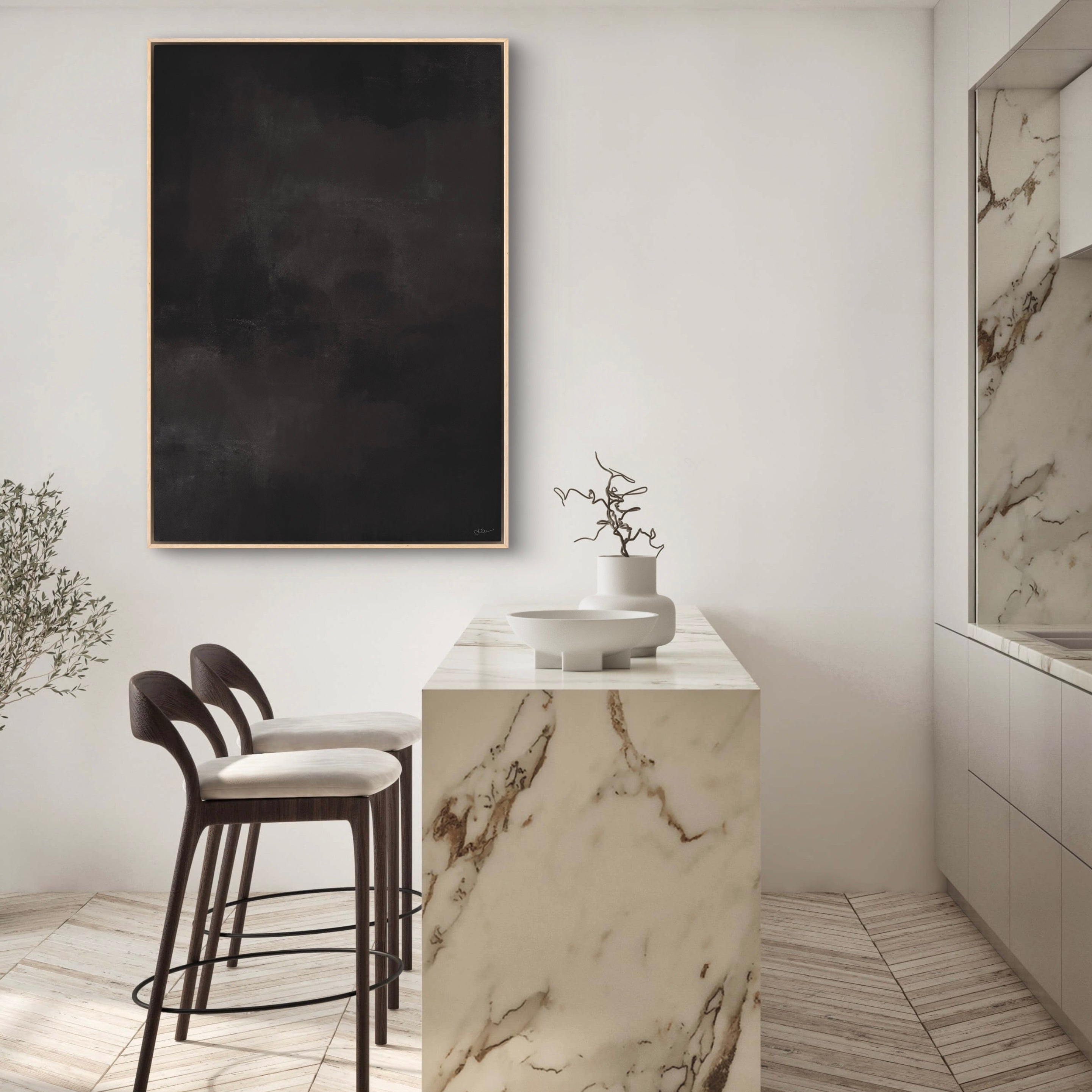 Modern Abstract Art Framed Canvas Styled with a Marble Waterfall Kitchen Island, Dark Wood Bar Stools, and Minimal White Ceramic Vessels. Perfect for a Minimalist Kitchen.