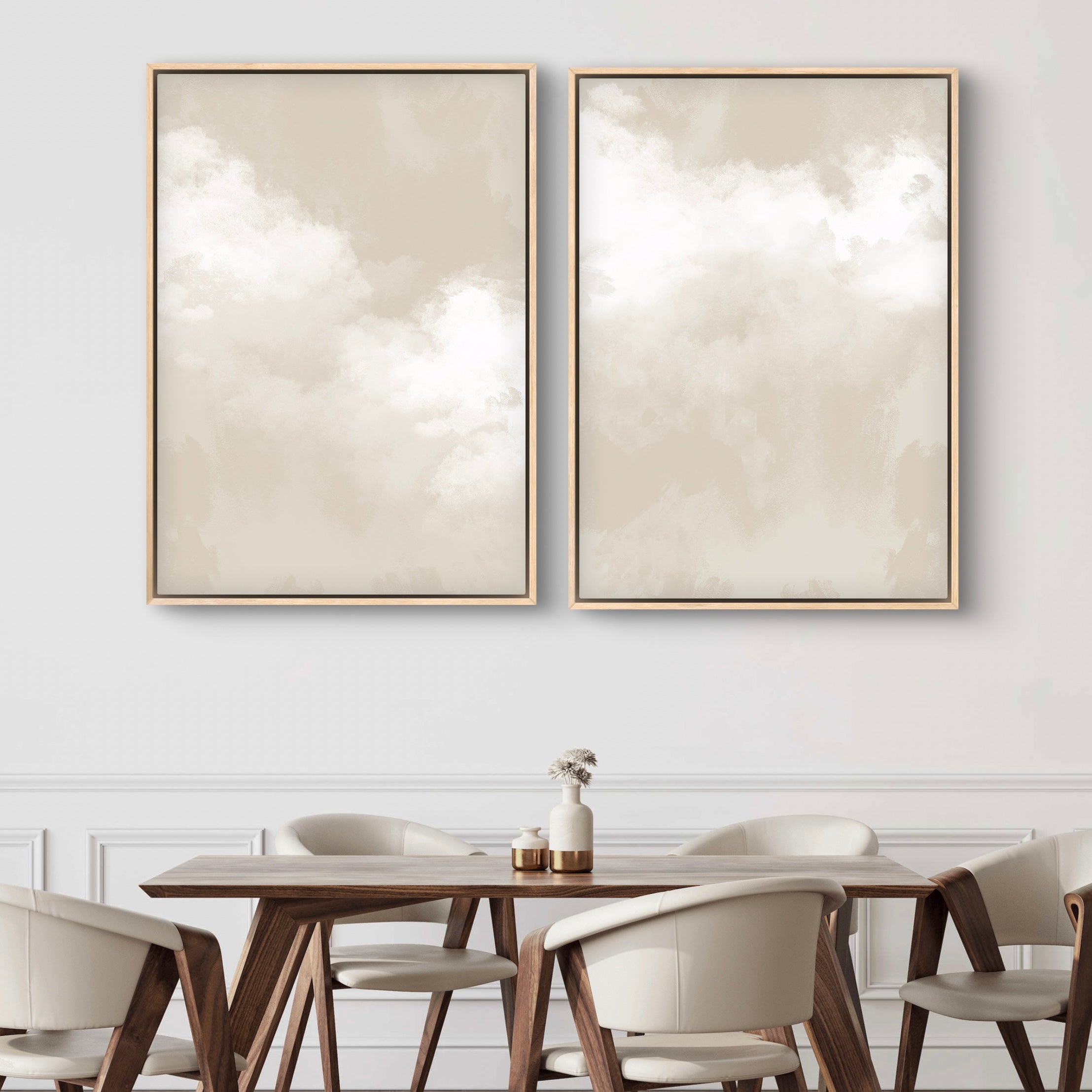 Modern Abstract Art Framed Canvas Styled with a Sculptural Wood Dining Table, Cream Upholstered Dining Chairs, and a Minimal Ceramic Vase Centerpiece. Perfect for a Minimalist Dining Room.