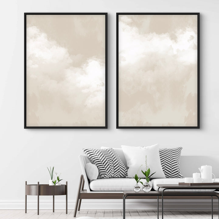 Modern Abstract Art Framed Canvas Styled with a Wood-Frame White Sofa, Black-and-White Pillows, and a Slim Black Coffee Table. Perfect for a Minimalist Living Room.