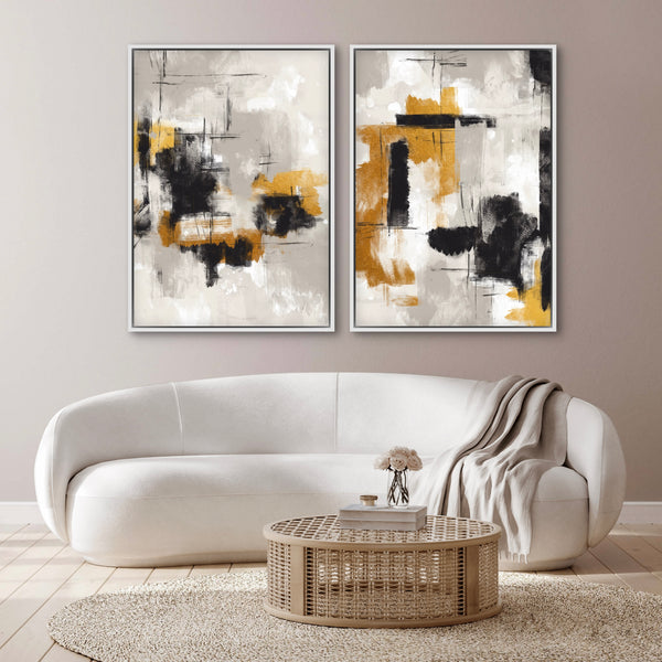 Modern Abstract Art Framed Canvas in Golden Noir - Minimalist Home Decor