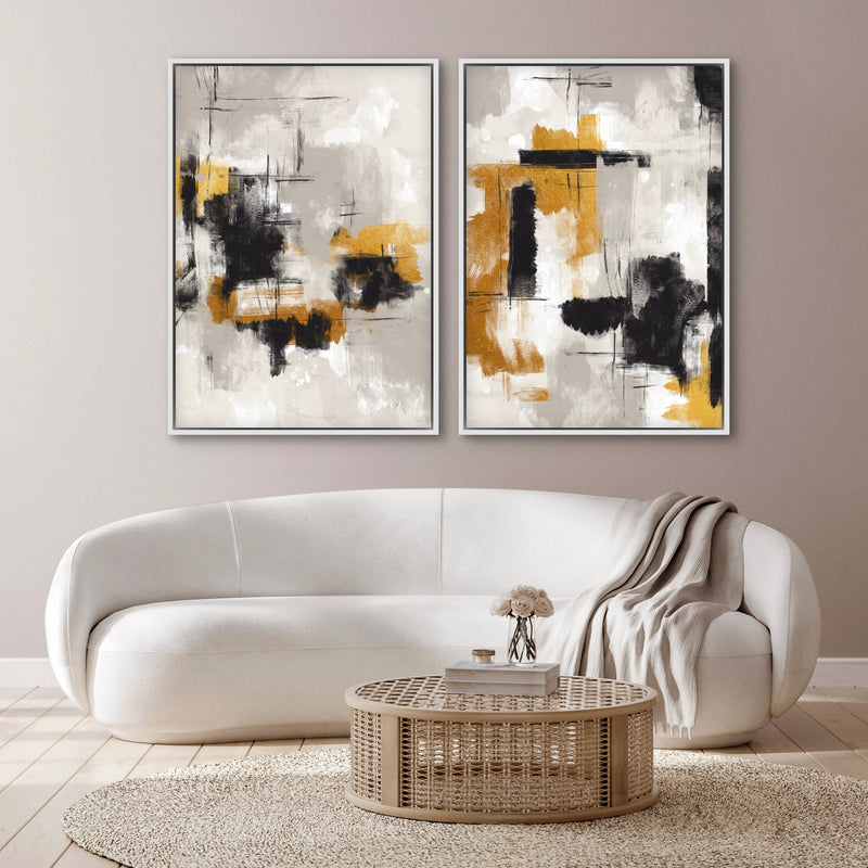 Modern Abstract Art Framed Canvas in Golden Noir - Minimalist Home Decor