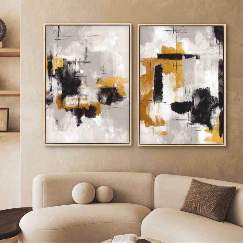 Modern Abstract Art Framed Canvas in Golden Noir - Minimalist Home Decor