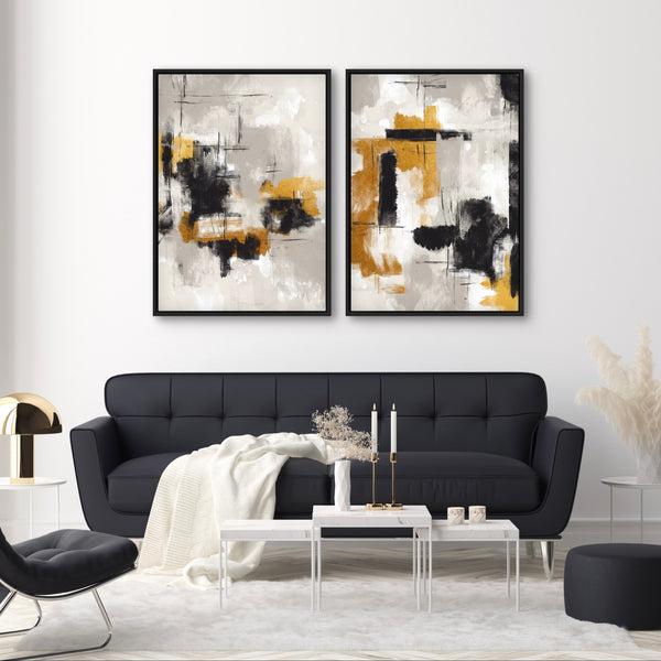 Modern Abstract Art Framed Canvas in Golden Noir - Minimalist Home Decor