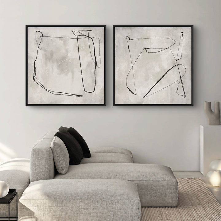 Modern Abstract Line Art, Framed Canvas Set Of Two Styled With A Low Modular Chaise Sofa—Perfect For A Neutral Minimalist Living Room.