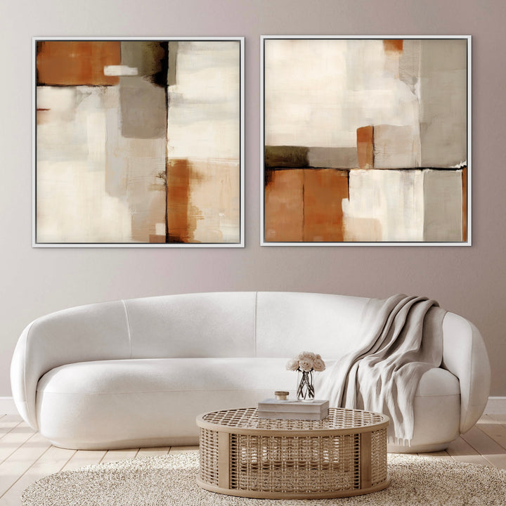 Abstract Art Framed Styled With A Curved White Sofa, Rattan Round Coffee Table, Neutral Throw, And Textured Round Rug. Perfect For A Minimalist Living Room.