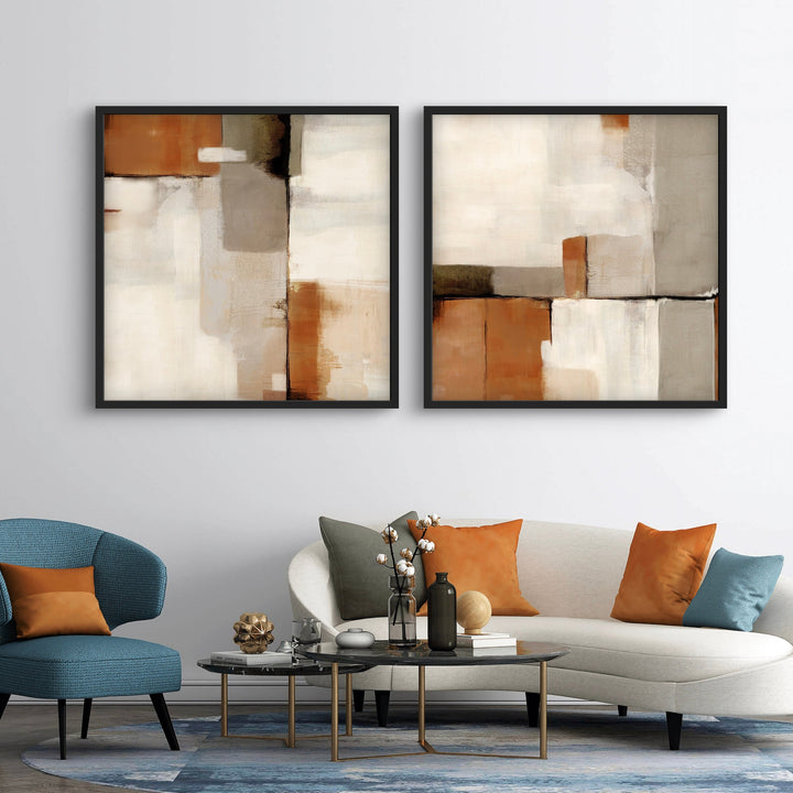 Abstract Art Framed Canvas Styled With A Curved Cream Sofa, Teal Lounge Chair, Round Nesting Coffee Tables, And Decorative Accents. Perfect For A Minimalist Living Room.