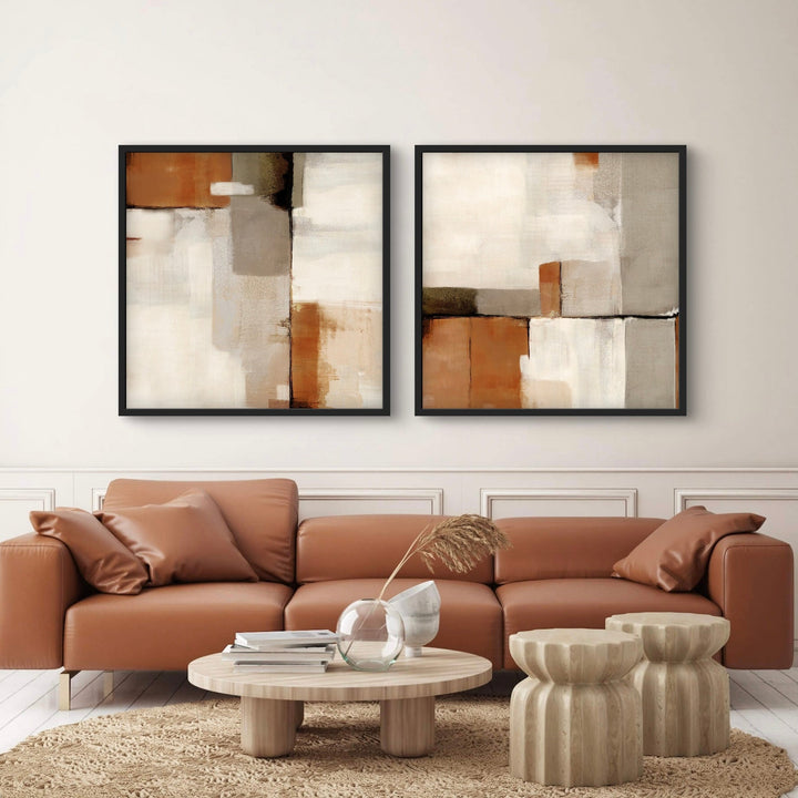 Abstract Art Framed Canvas Styled With A Caramel Leather Sofa, Round Wood Coffee Table, Sculptural Wood Stools, And A Textured Neutral Rug. Perfect For A Minimalist Living Room.