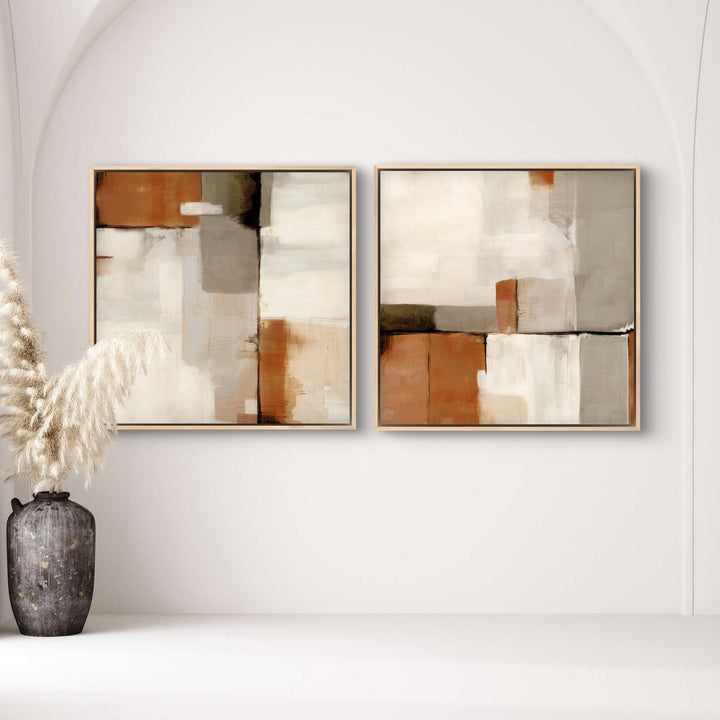 Abstract Art Framed Canvas Styled With An Arched Alcove, Black Ceramic Vase With Pampas Grass, And Soft Neutral Walls.. Perfect For A Minimalist Entryway Or Living Room.