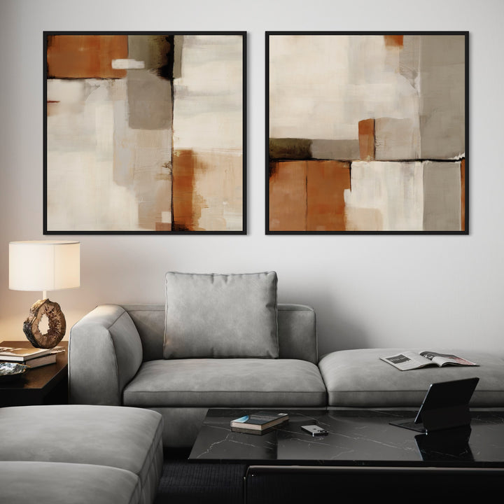 Abstract Art Framed Canvas Styled With A Soft Grey Sectional Sofa, Black Marble Coffee Table, Warm Table Lamp, And Minimal Accents. Perfect For A Minimalist Living Room.