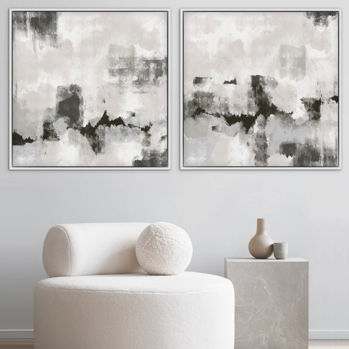Modern Abstract Art Framed Canvas Styled with a Cream Bouclé Lounge Chair, Grey Stone Pedestal Side Table, and Neutral Ceramic Vases. Perfect for a Minimalist Living Room.