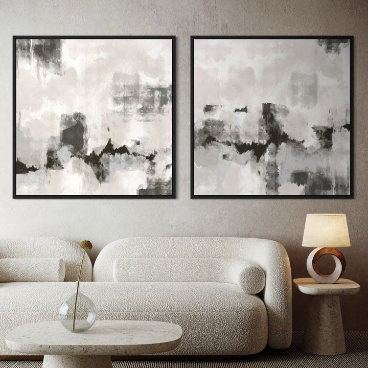 Modern Abstract Art Framed Canvas Styled with a Curved Bouclé Sofa, Terrazzo Pedestal Coffee Table with a Glass Vase, and a Sculptural Ring Table Lamp against a Textured Plaster Wall. Perfect for a Minimalist Living Room.
