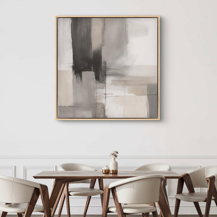 Modern Abstract  Framed Canvas Art Styled with a Sculptural Wood Dining Table, Cream Upholstered Dining Chairs, and a Decorative Accent. Perfect for a Minimalist Dining Room.