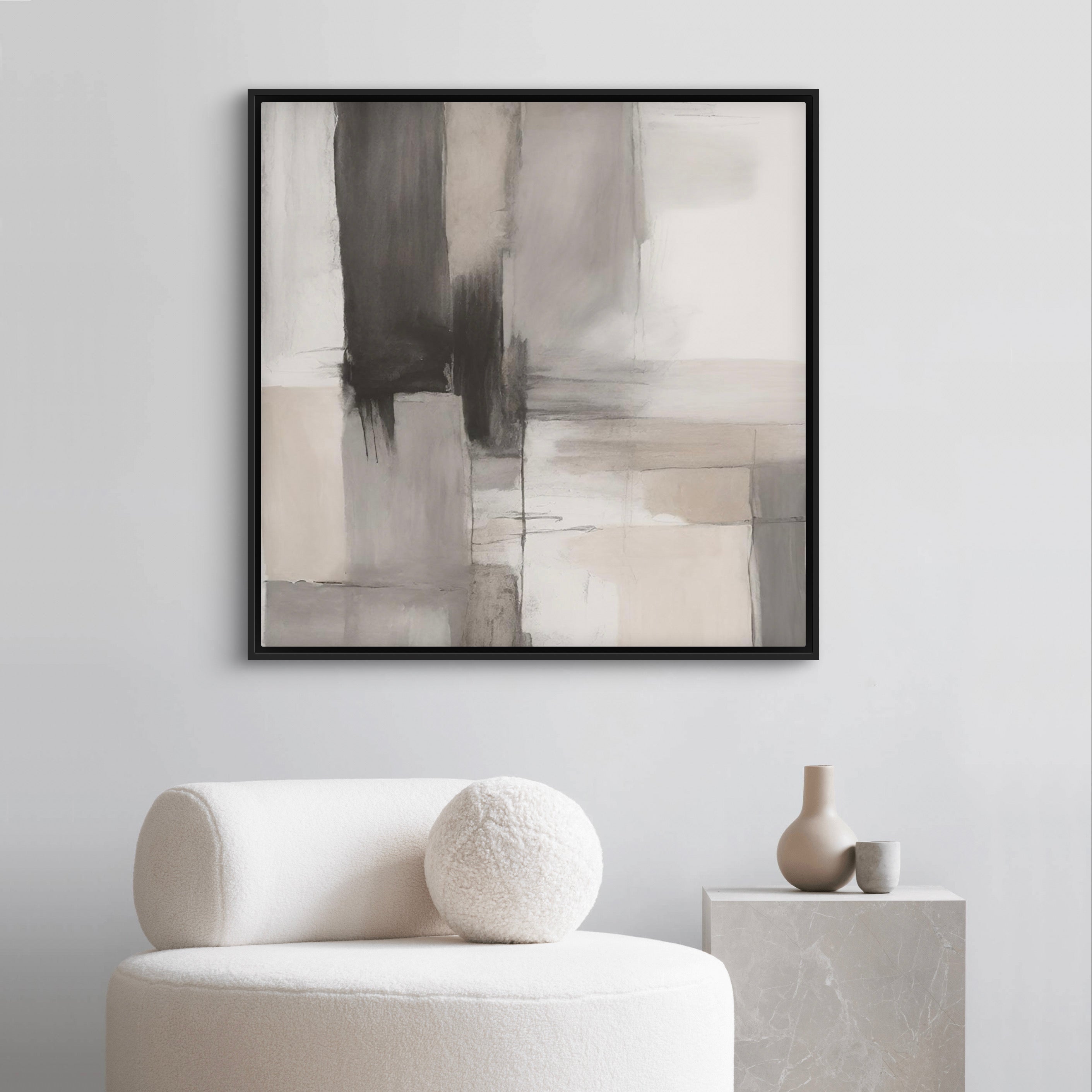 Modern Abstract  Framed Canvas Art Styled with a Cream Bouclé Lounge Chair, Grey Stone Pedestal Side Table, and Neutral Ceramic Vases. Perfect for a Minimalist Living Room.