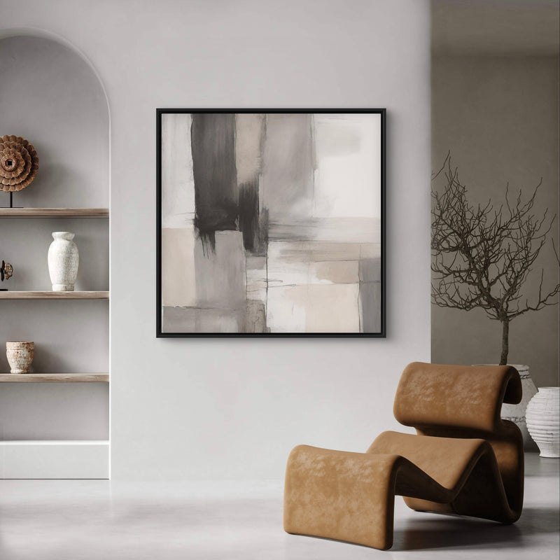 Modern Abstract  Framed Canvas Art Print in Smoke and Stone - Gallery Wall Print