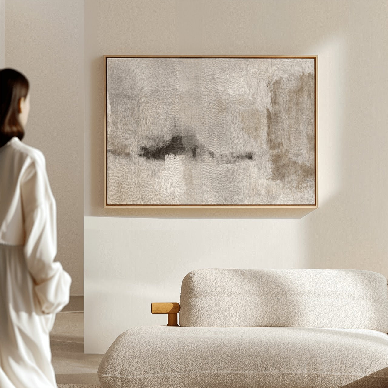 Modern Abstract Art Styled With A Light Wood Frame, Cream Bouclé Sofa, And Soft Natural Light. Perfect For A Serene Living Room, Calming Lounge, Or Minimalist Bedroom.