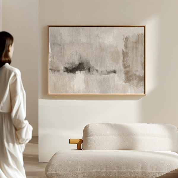 Modern Abstract Art Styled With A Light Wood Frame, Cream Bouclé Sofa, And Soft Natural Light. Perfect For A Serene Living Room, Calming Lounge, Or Minimalist Bedroom.
