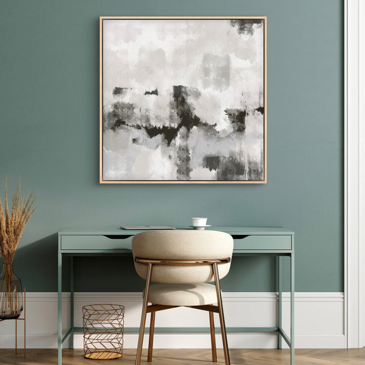 Modern Abstract Art Framed Canvas Styled with a Mint Green Writing Desk, Cream Upholstered Chair, and Dried Grass in a Glass Vase. Perfect for a Minimalist Home Office.