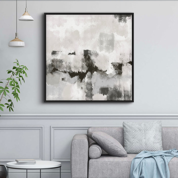 Modern Abstract Art Framed Canvas Styled with a Light Grey Sofa, Round White Side Table, Pendant Lights, and a Soft Blue Throw with Geometric Cushion. Perfect for a Minimalist Living Room.